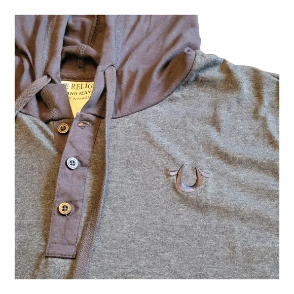 True Religion Hooded Henley Shirt Dark Blue Heathered Cotton Blend Size Medium